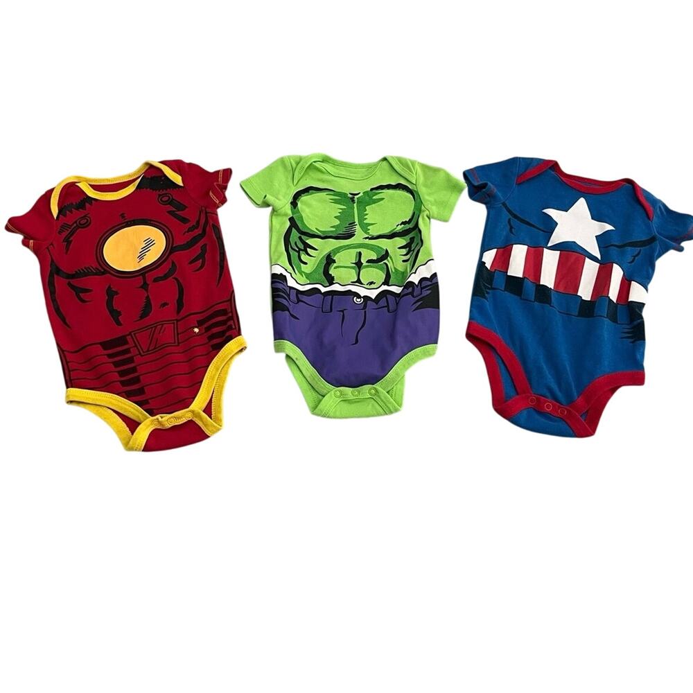 Marvel Superhero Baby Onesies Size 12 Months Hulk Iron Man Capt America Lot of 3